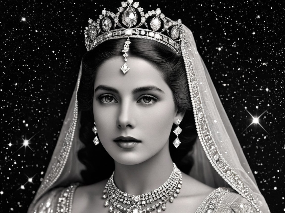 Regal figure in tiara and jewelry against starry backdrop