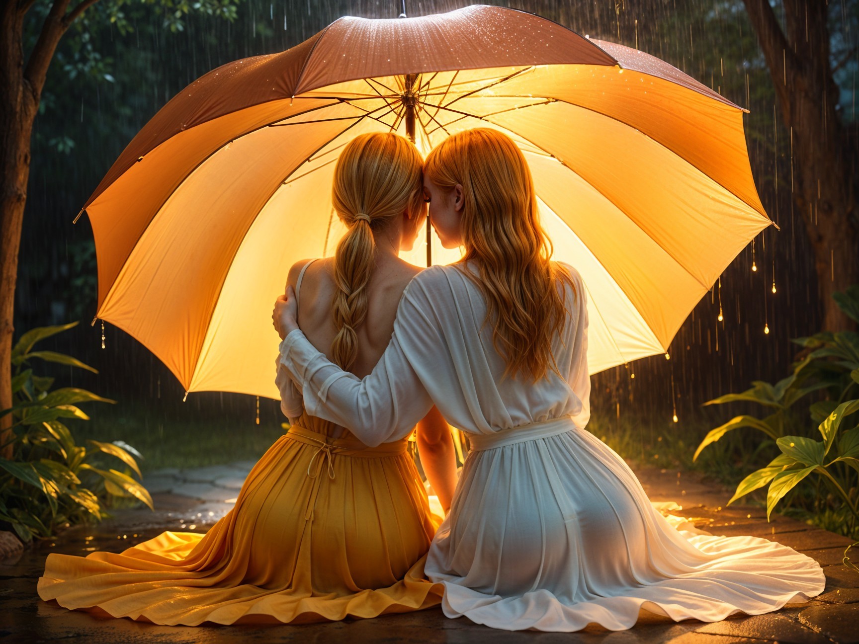 Women Under Umbrella in Rainy Greenery Setting