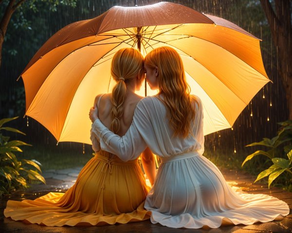 Women Under Umbrella in Rainy Greenery Setting
