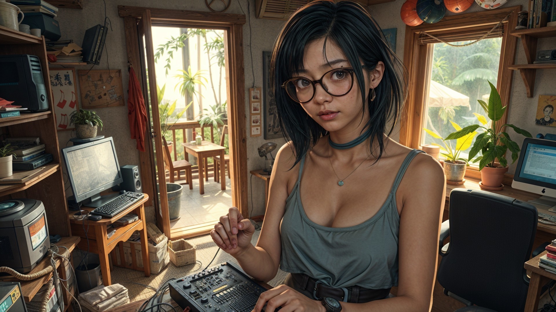 Cozy Room with Young Woman at Music Mixer and Plants