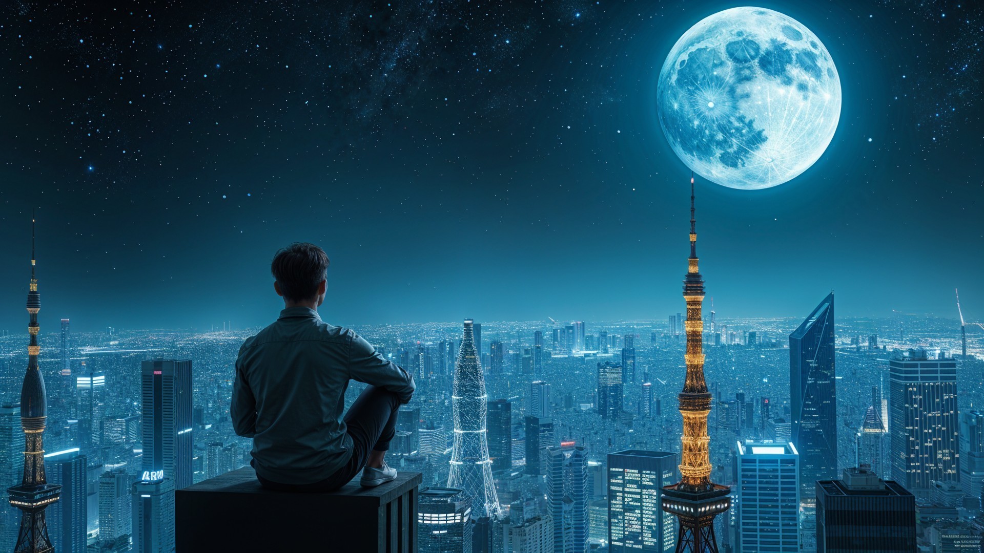 Nighttime City Skyline Under Full Moon and Stars