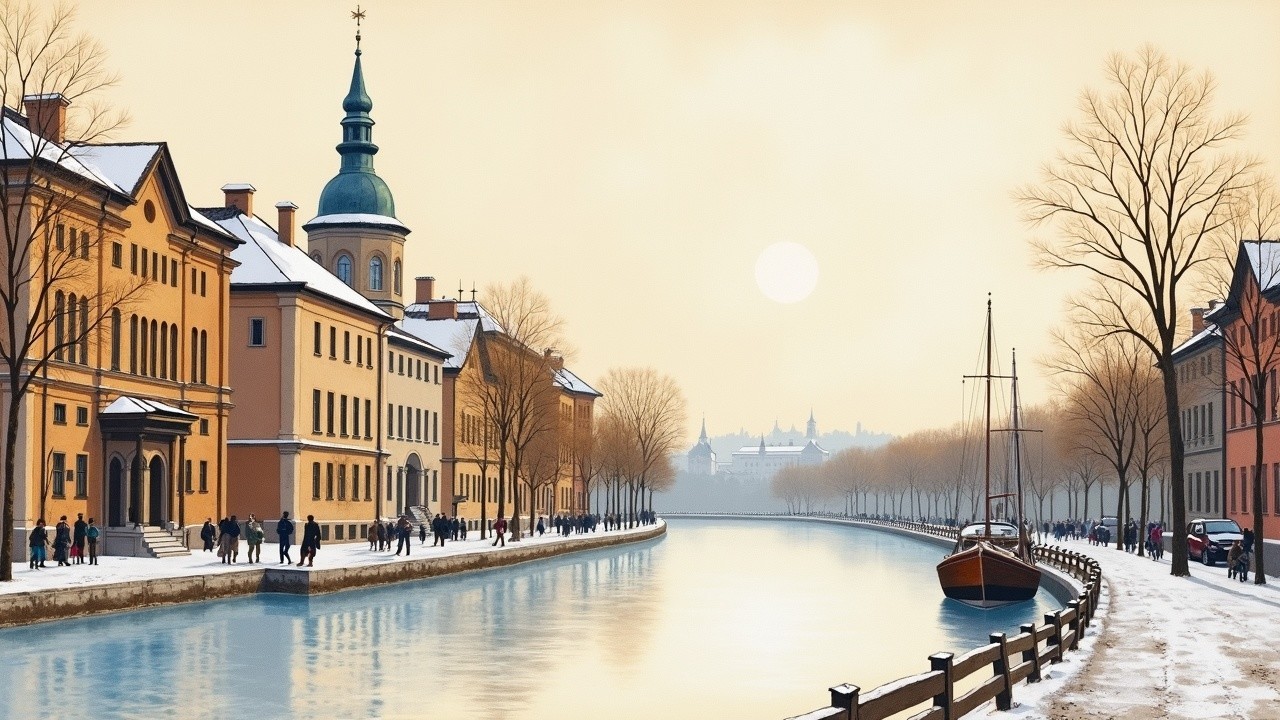Winter Canal Scene with Snow-Dusted Trees and Buildings