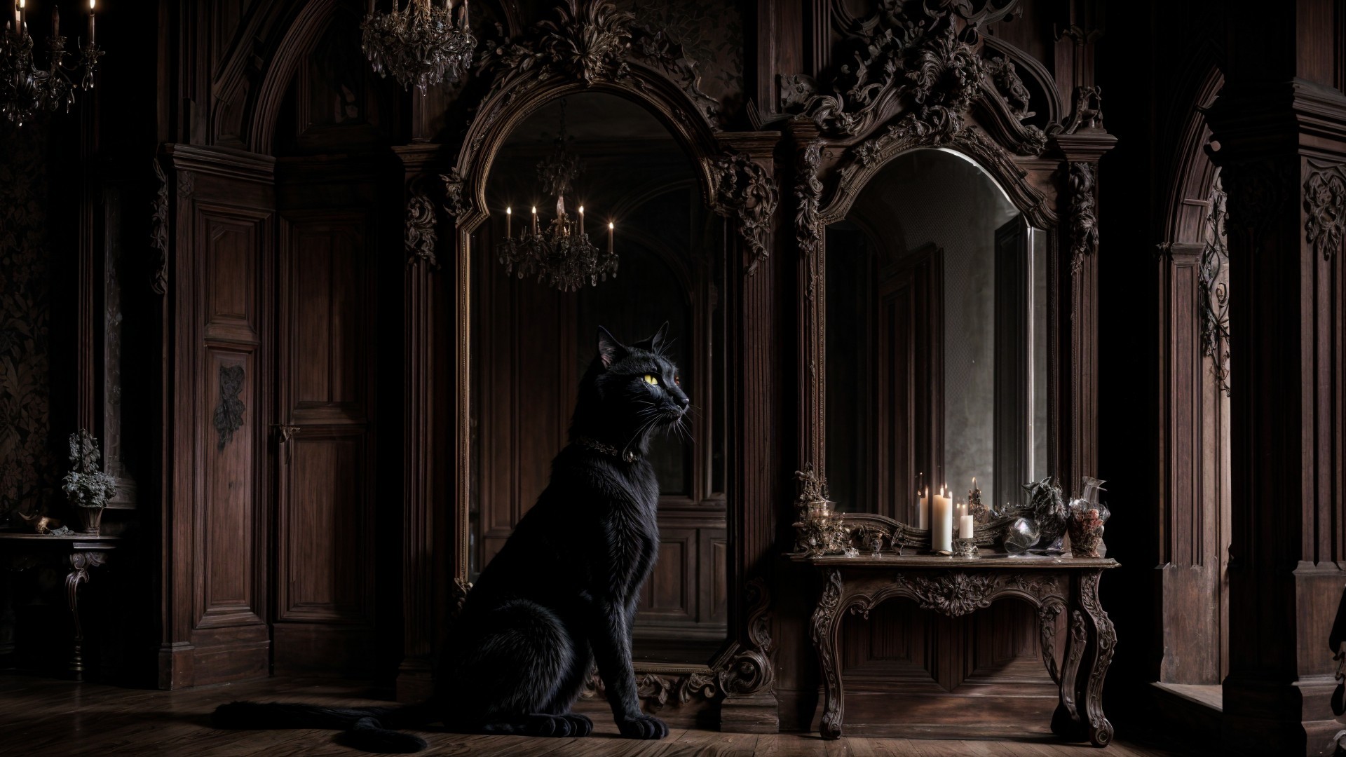 Elegant Dark Room with Black Cat and Antique Decor