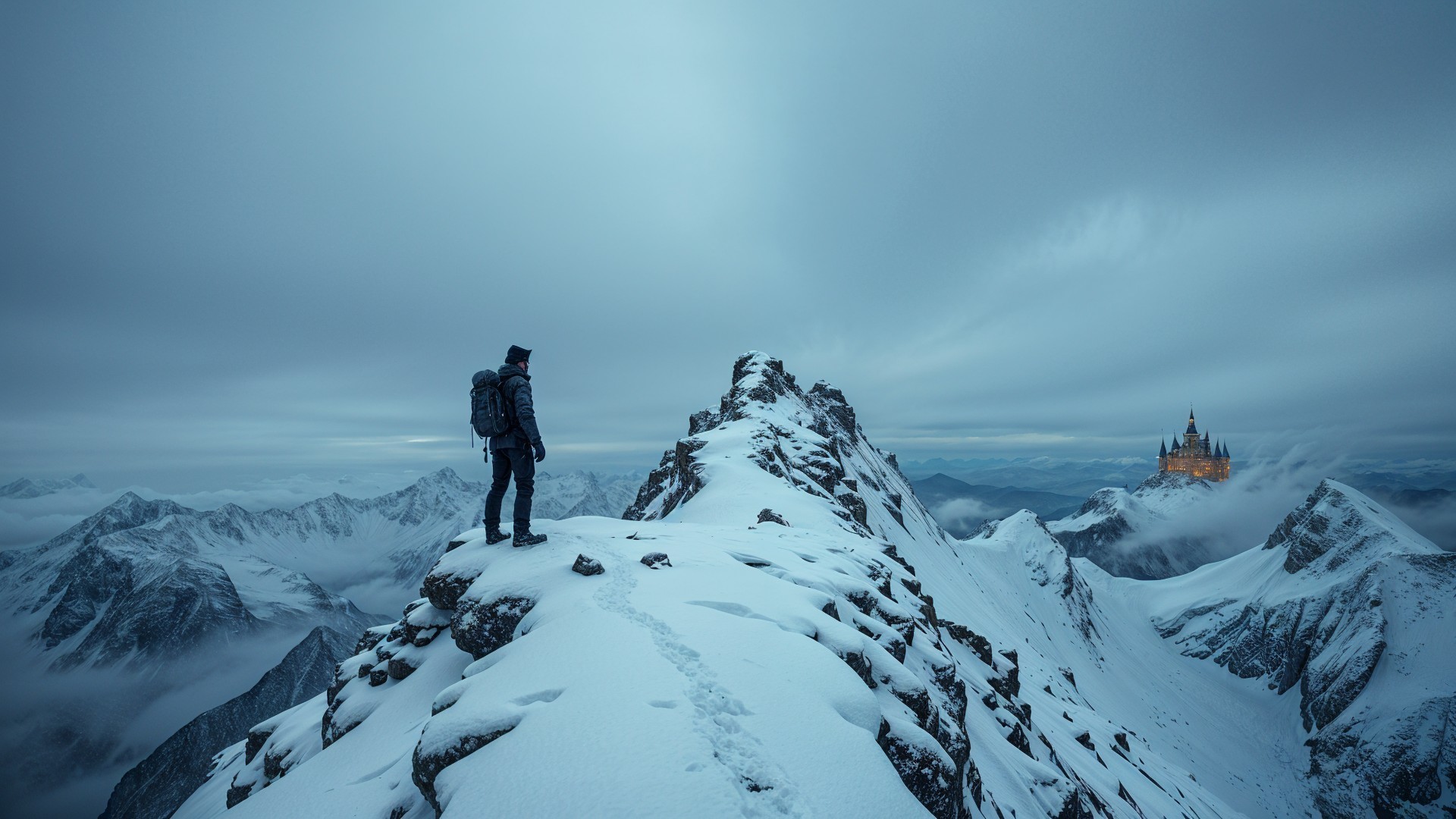 Lone Hiker Overlooking Snowy Mountain and Castle