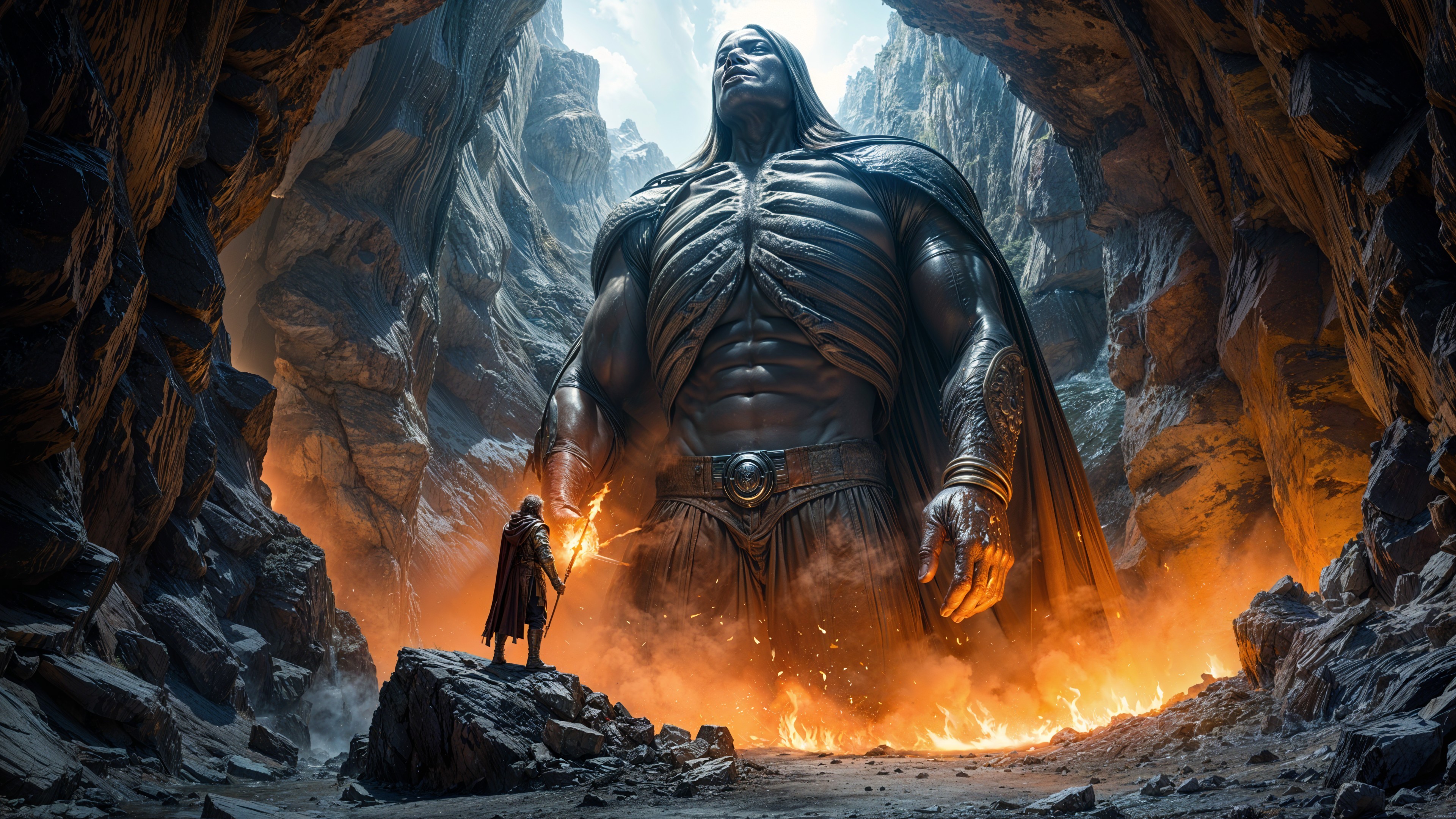 Colossal Figure in Dramatic Rocky Canyon Scene