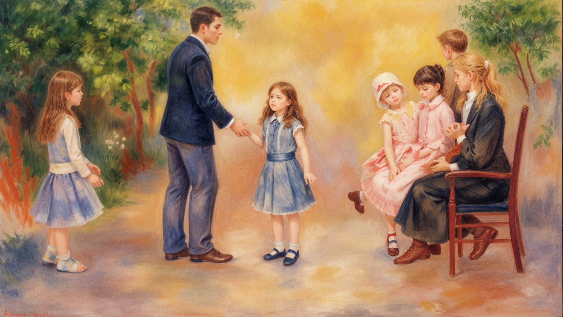 Children and Adults in a Serene Outdoor Scene