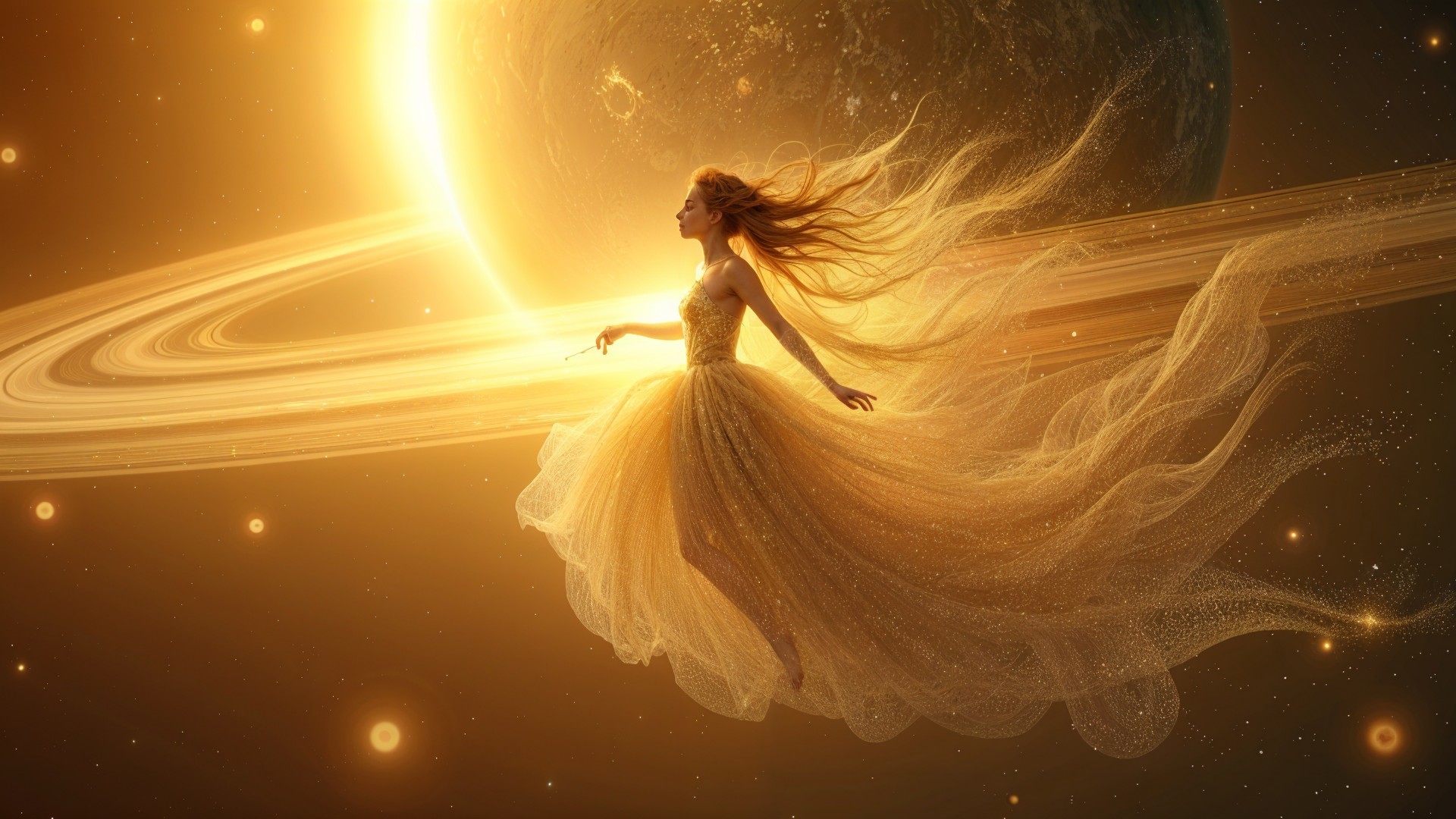 Celestial Figure in Golden Gown Against Cosmic Backdrop