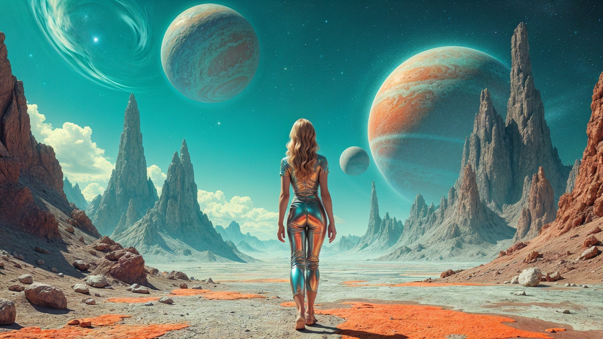 Futuristic Landscape with Colorful Planets and Figure
