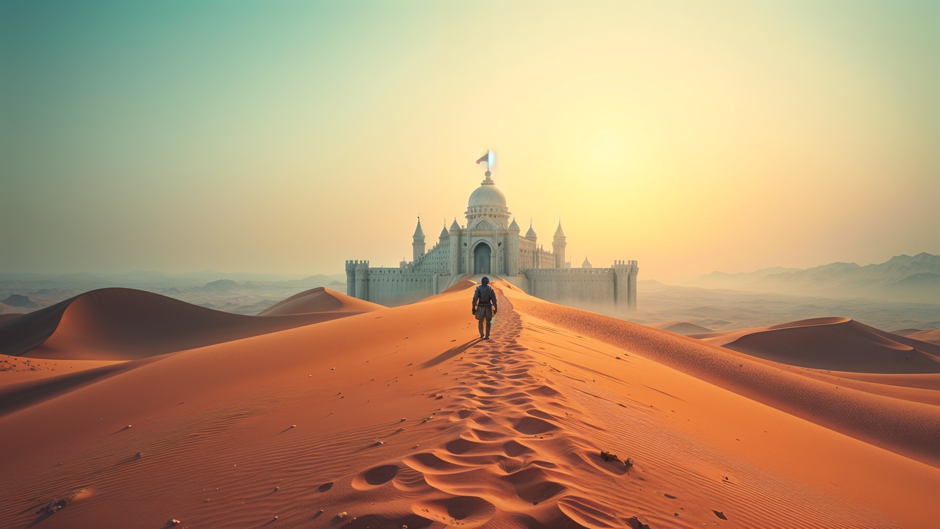 Lone Traveler Approaching Majestic Palace at Sunset