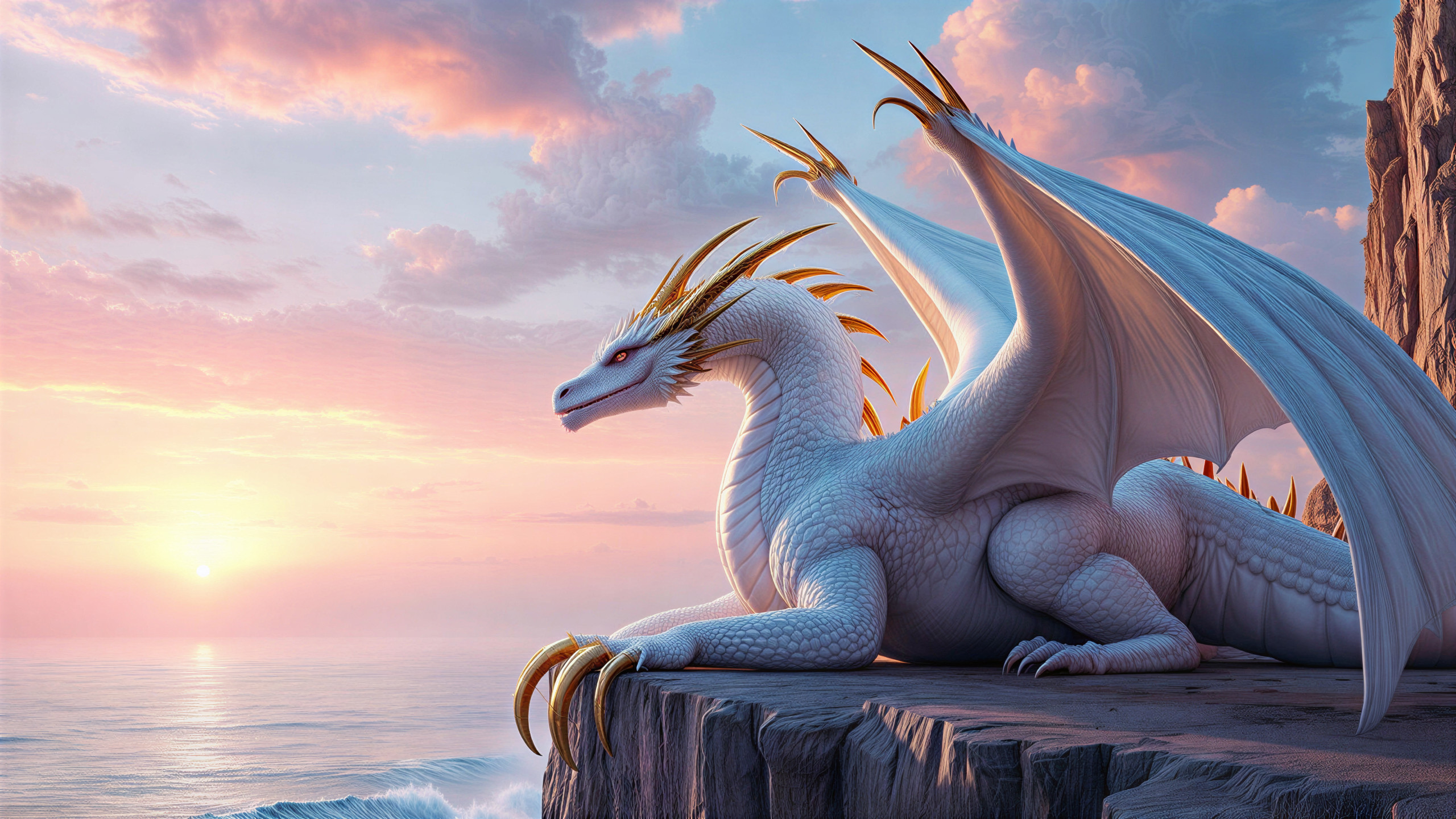 Majestic white dragon on cliff at sunset over ocean