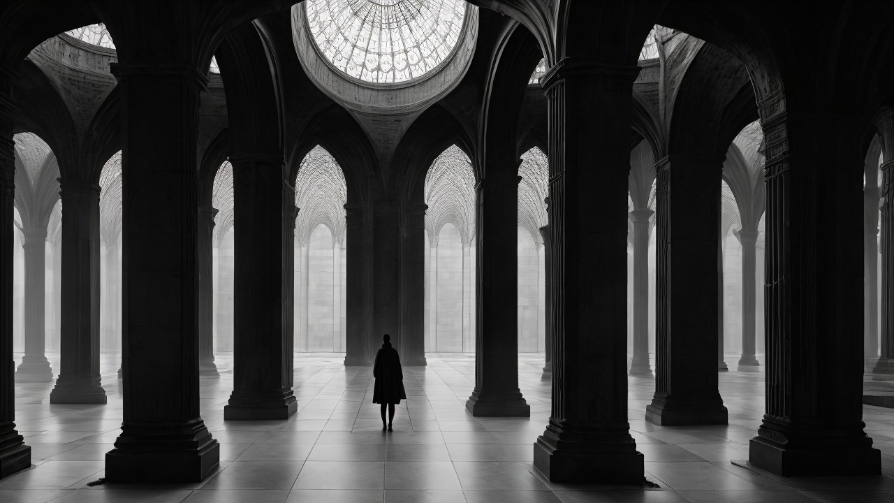 Ethereal Space with Tall Arches and Stained-Glass Ceiling