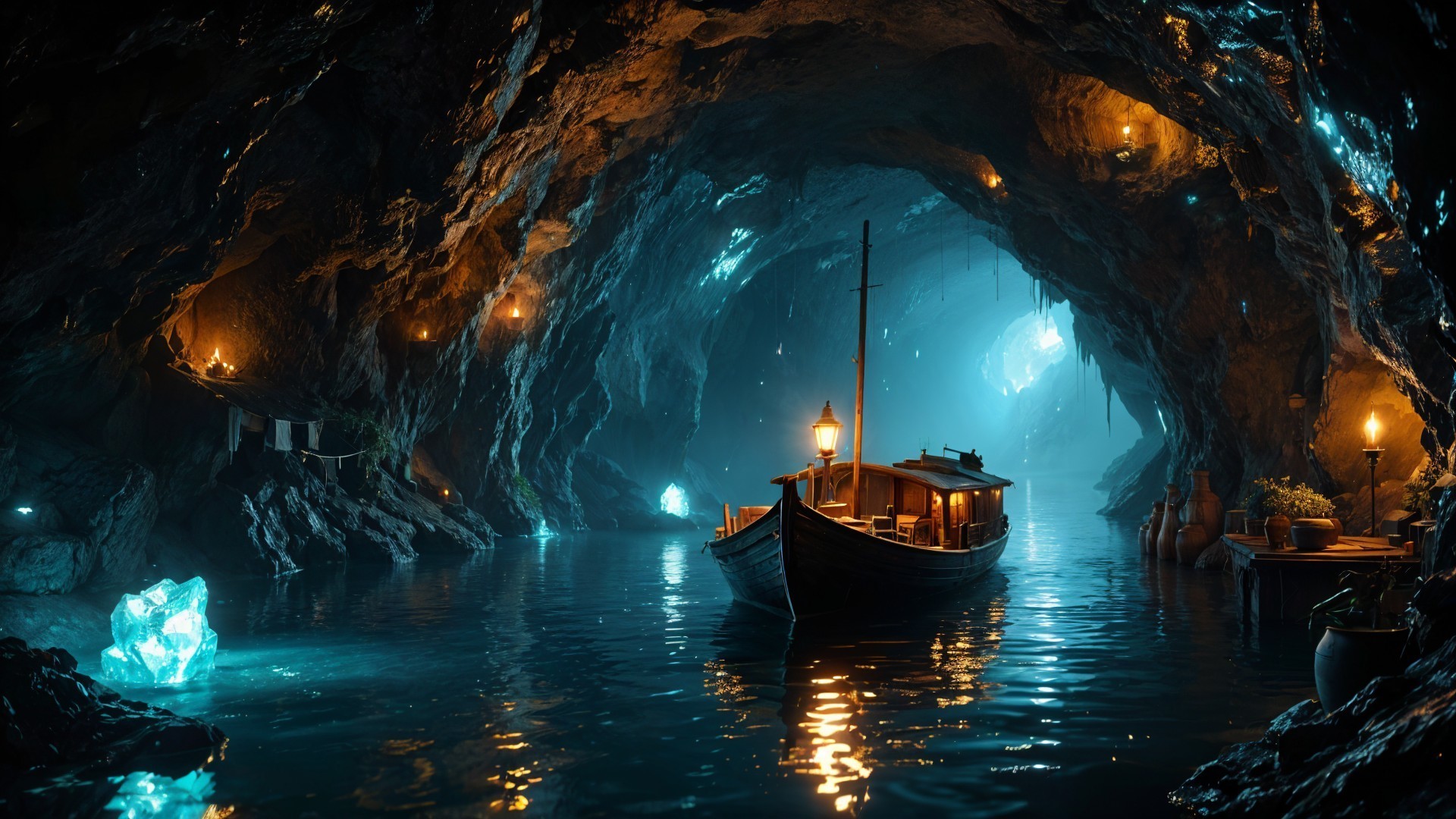 Underground cave with blue crystals and wooden boat