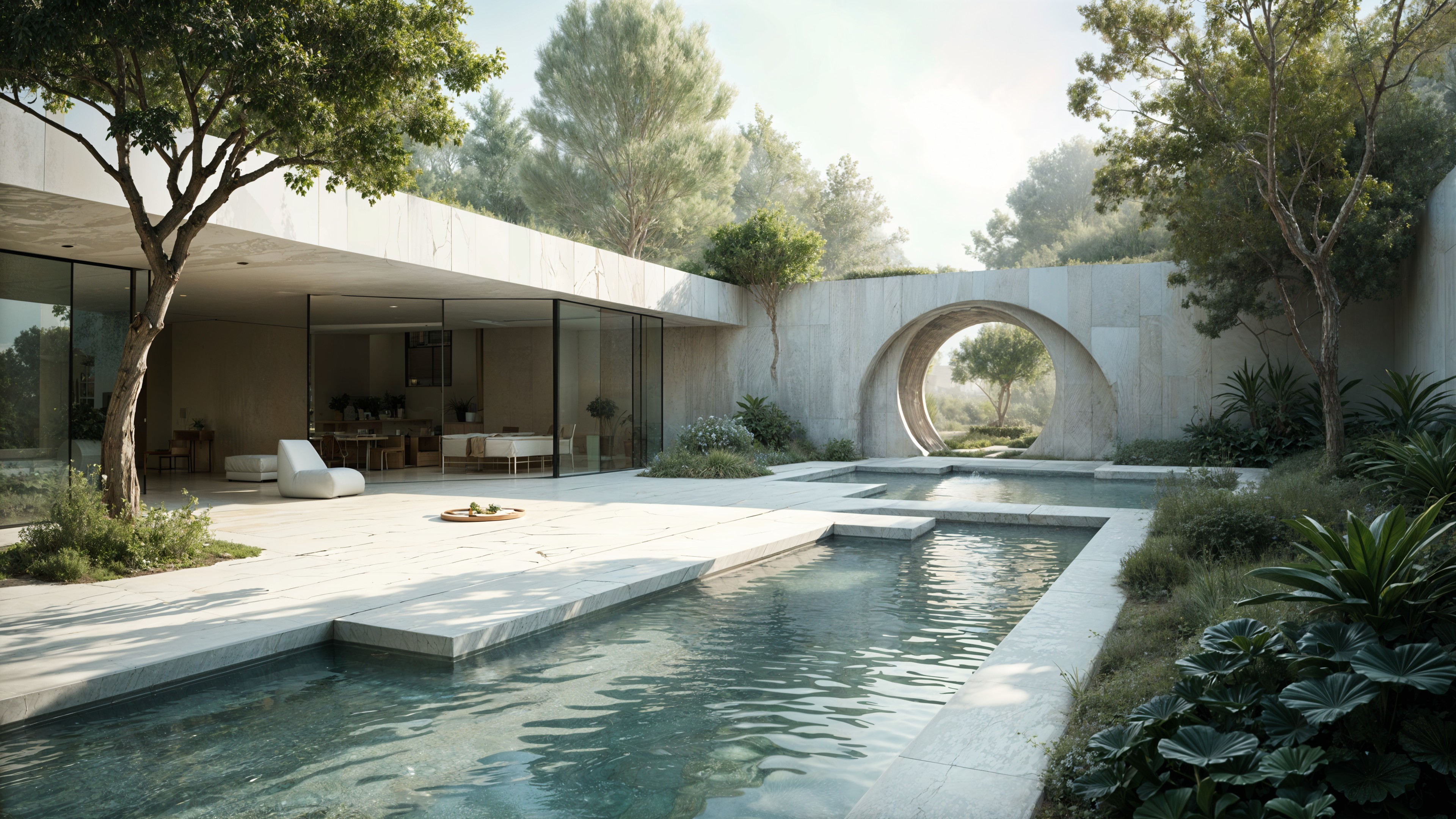 Modern Serene Architectural Space with Courtyard and Stream