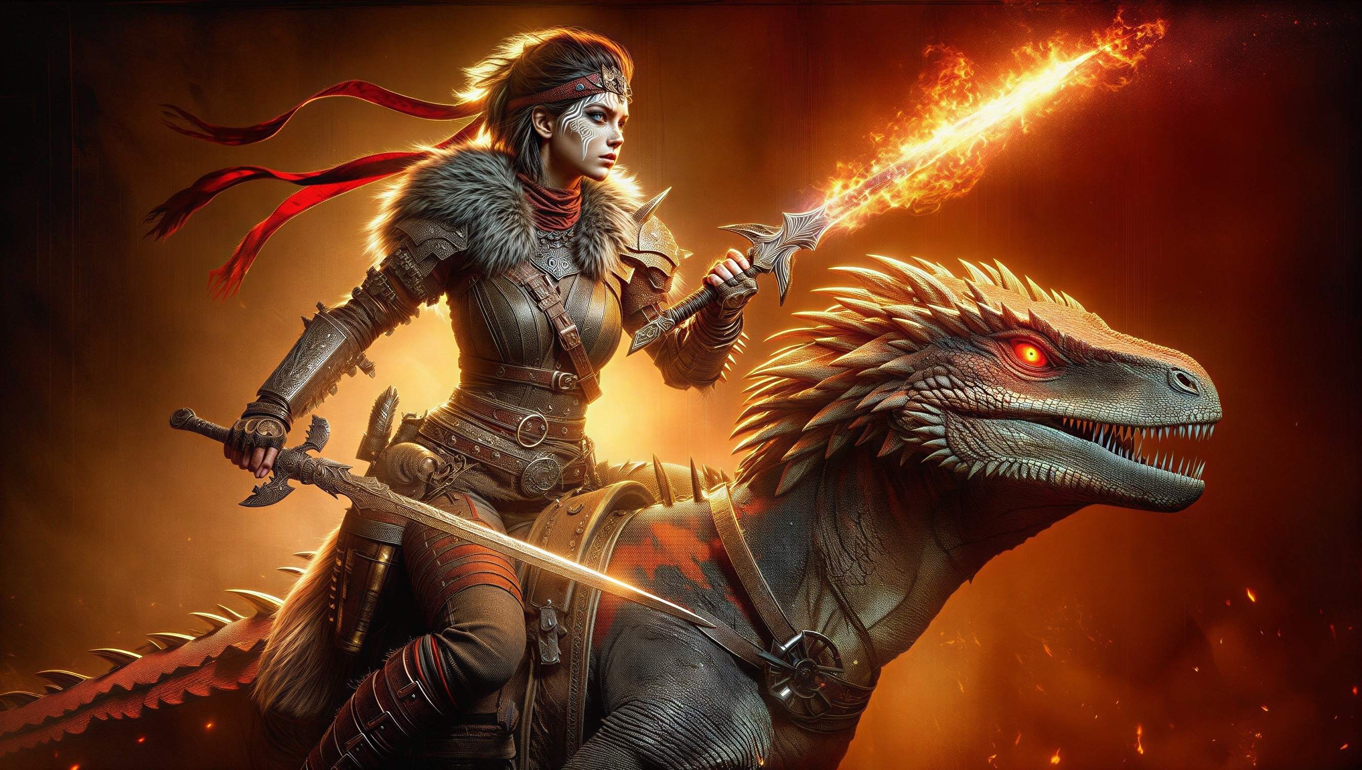 Warrior in Armor atop Reptilian Creature with Sword