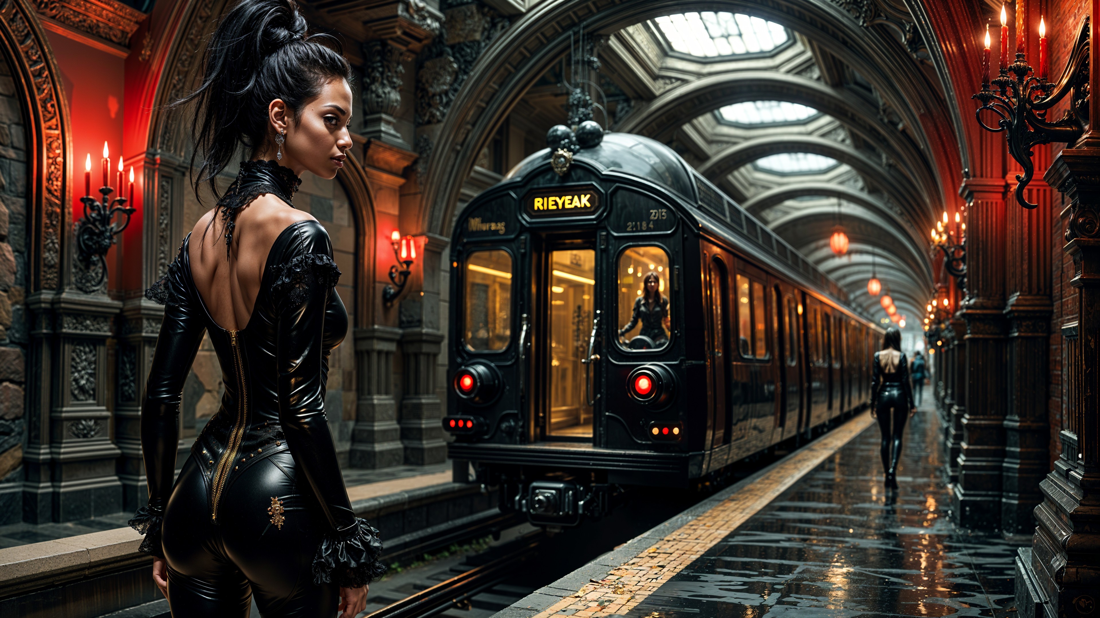 Elegant Subway Station with Vintage Train and Figures