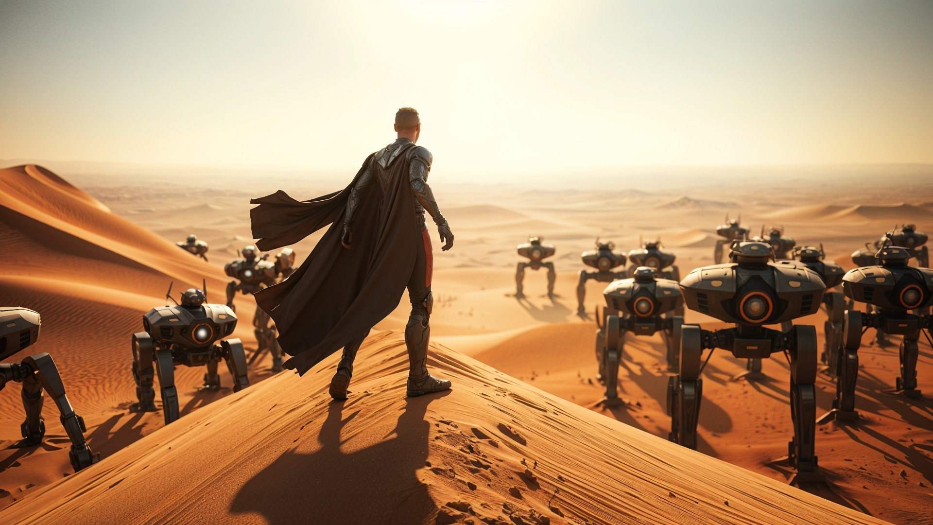 Lone Figure and Robots in Desert Sunset Scene