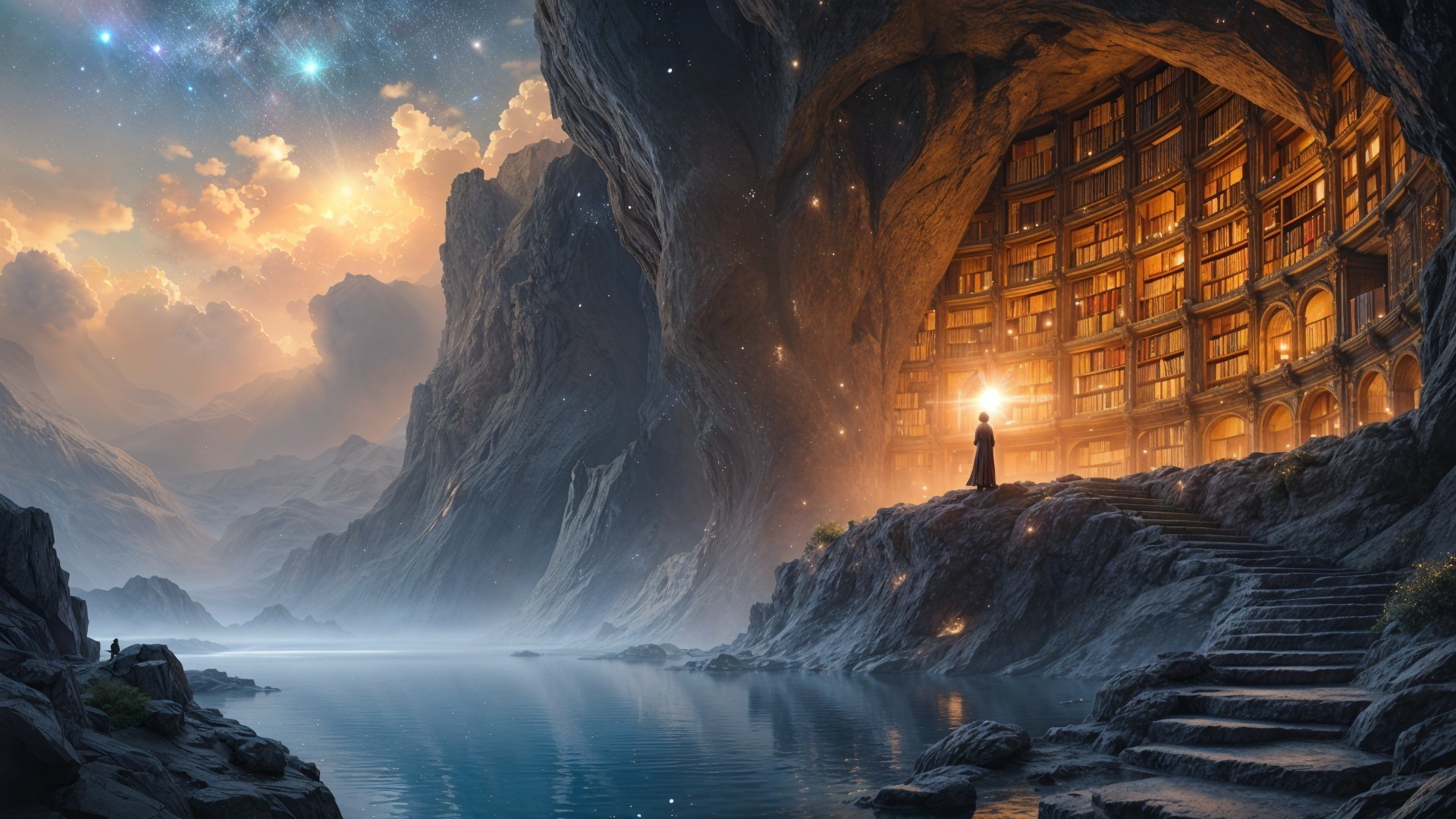 Mystical Landscape with Lake and Grand Library Cave