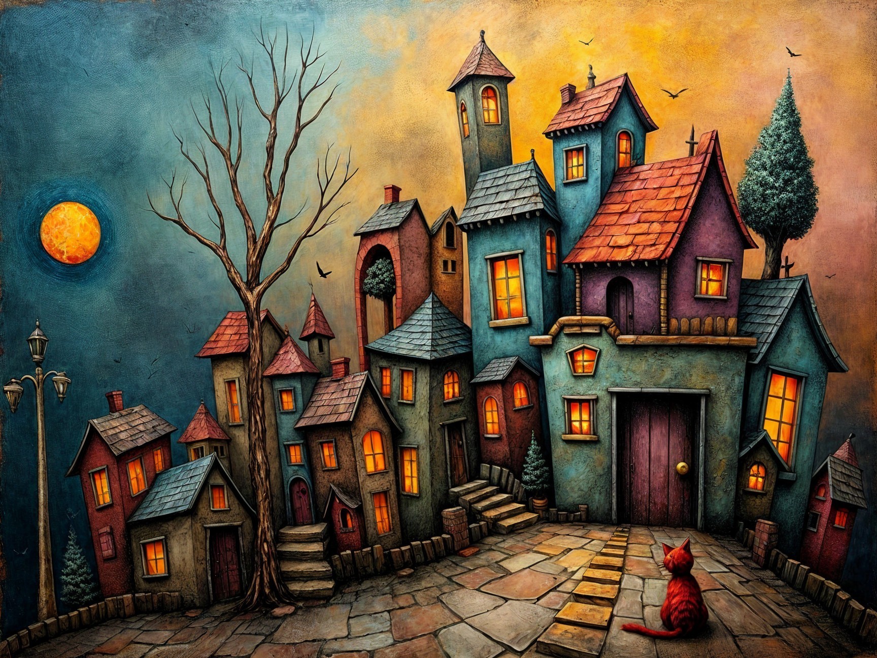 Whimsical Colorful Village with Twilight Atmosphere