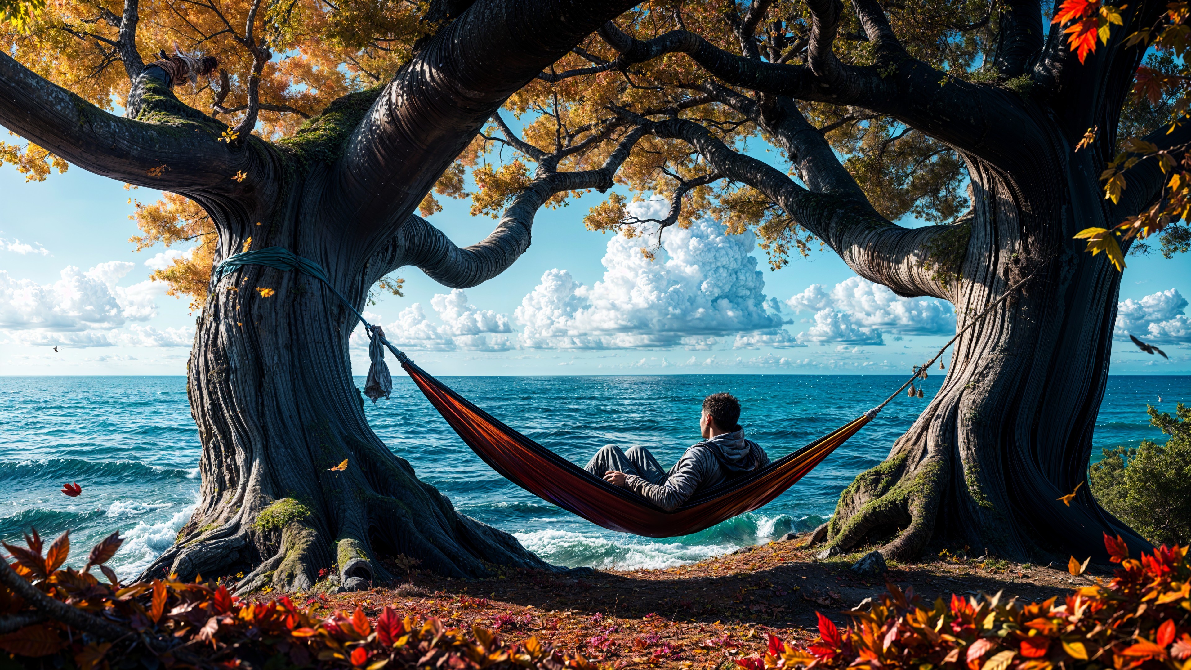 Person Relaxing in Hammock Among Autumn Trees