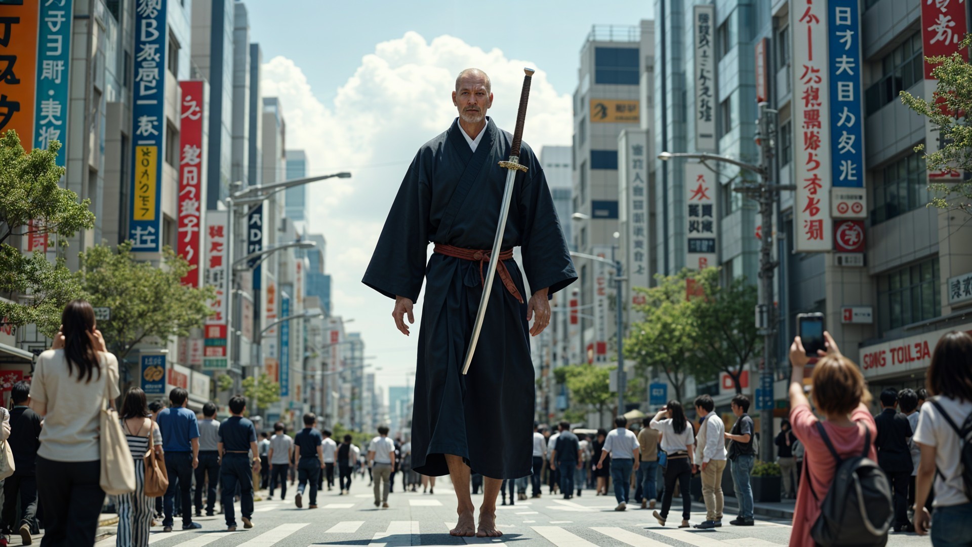 Traditional Japanese Figure in Urban Setting with Katana