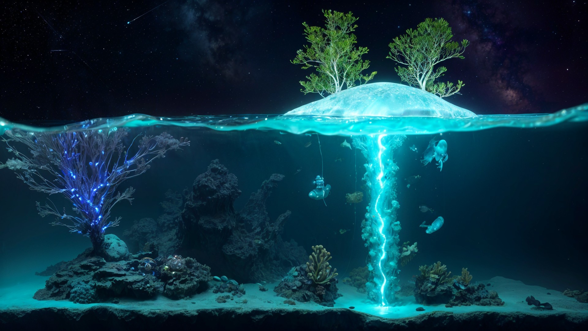 Surreal Underwater Scene with Vortex and Island