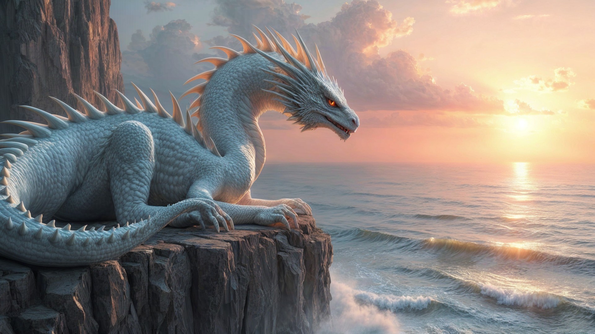 Majestic White Dragon on Cliff Overlooking Sunset Sea