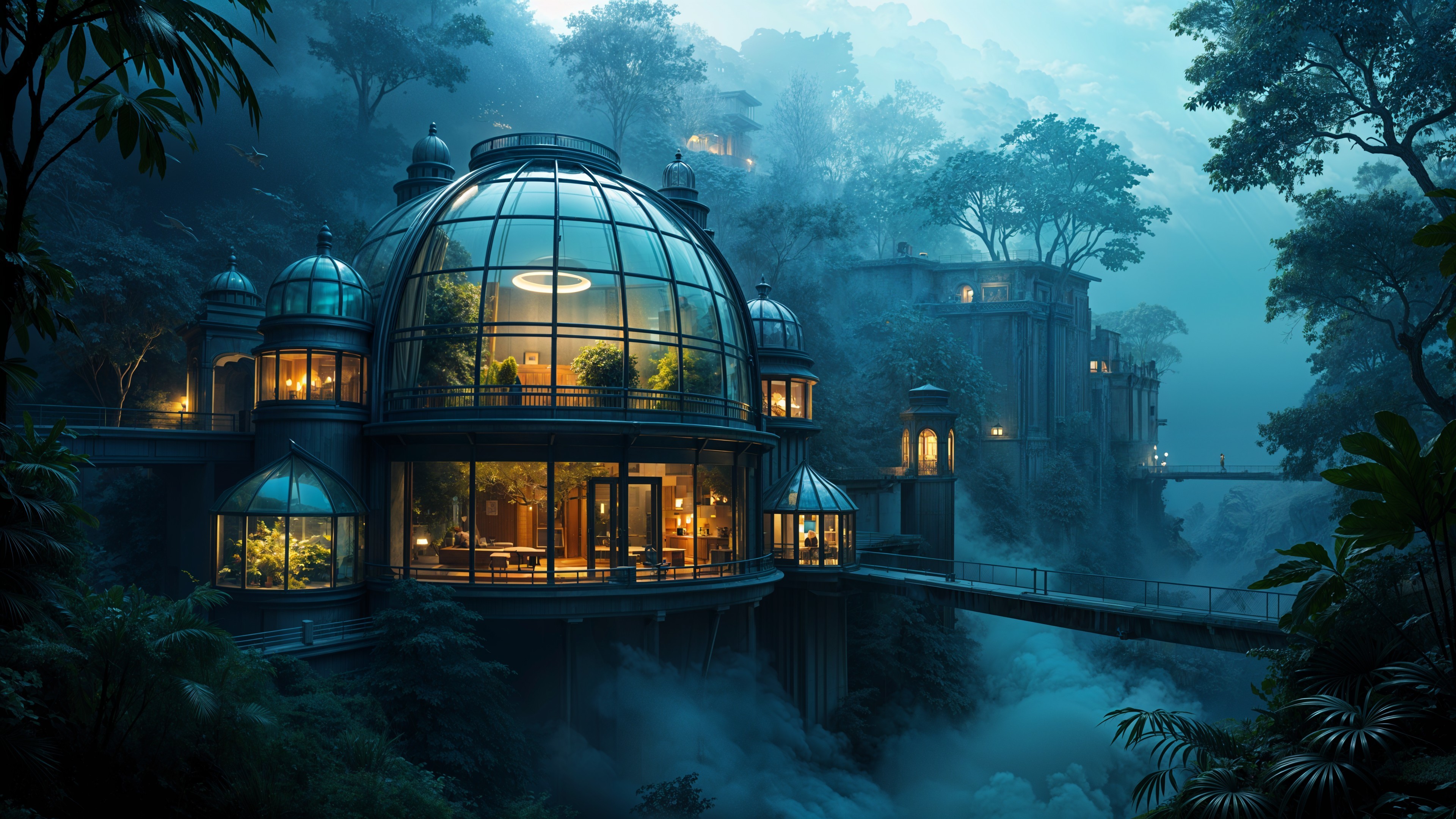 Futuristic Glass Dome House in a Misty Forest