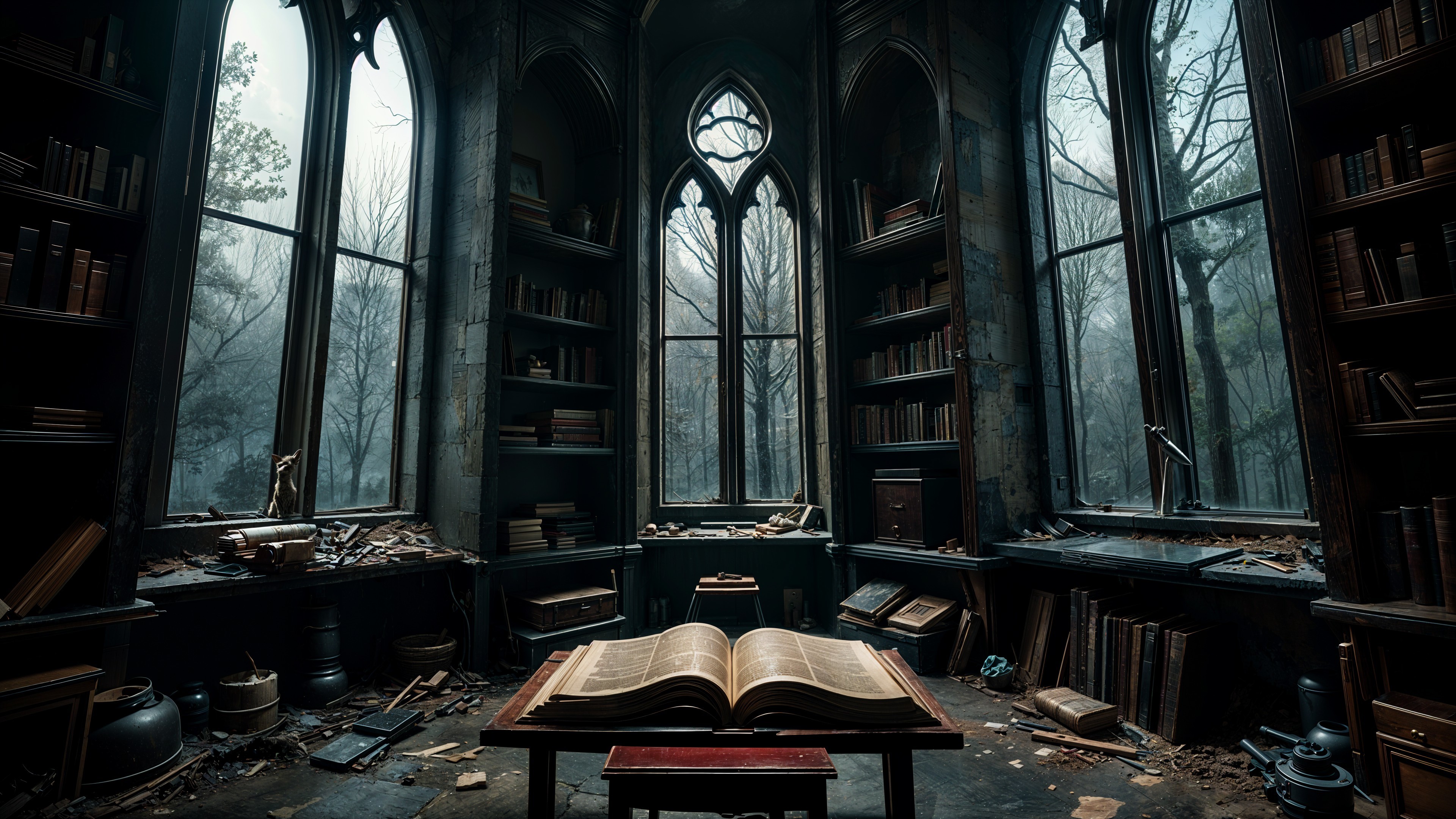 Ancient Room with Dusty Shelves and Open Book
