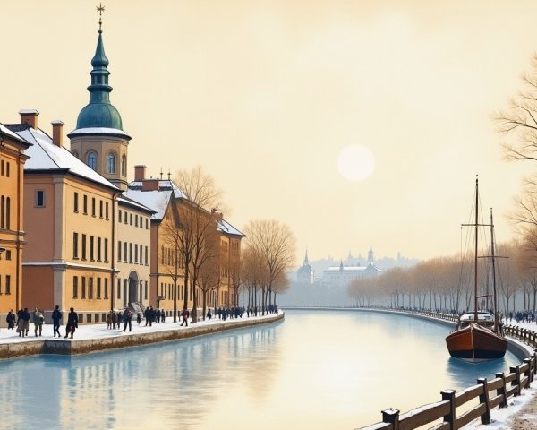 Winter Canal Scene with Snow-Dusted Trees and Buildings