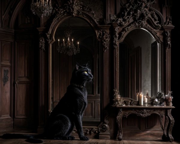 Elegant Dark Room with Black Cat and Antique Decor