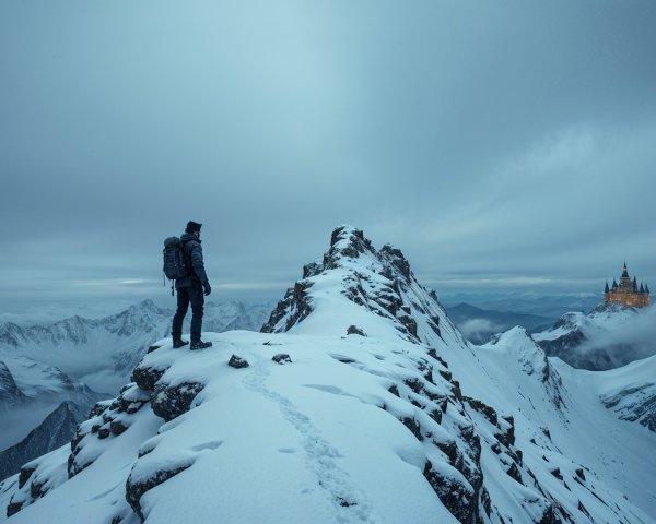 Lone Hiker Overlooking Snowy Mountain and Castle