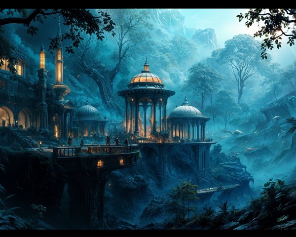 Mystical Landscape with Enchanting Palace and Mountains