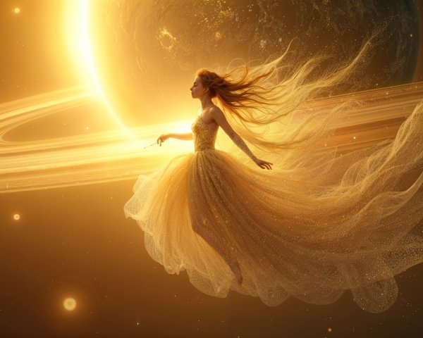 Celestial Figure in Golden Gown Against Cosmic Backdrop