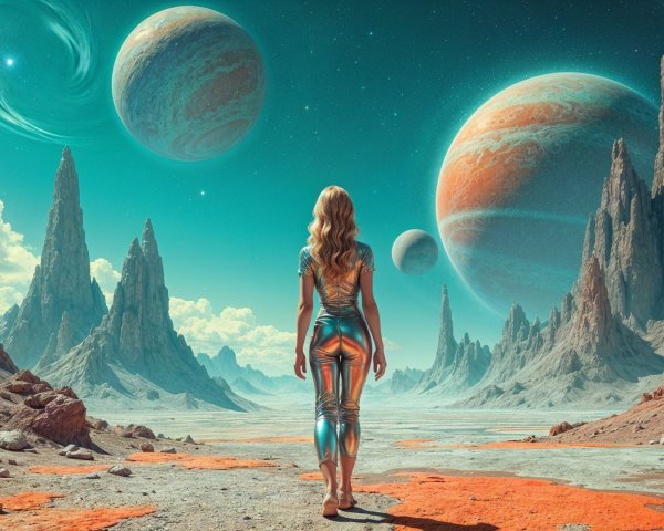 Futuristic Landscape with Colorful Planets and Figure