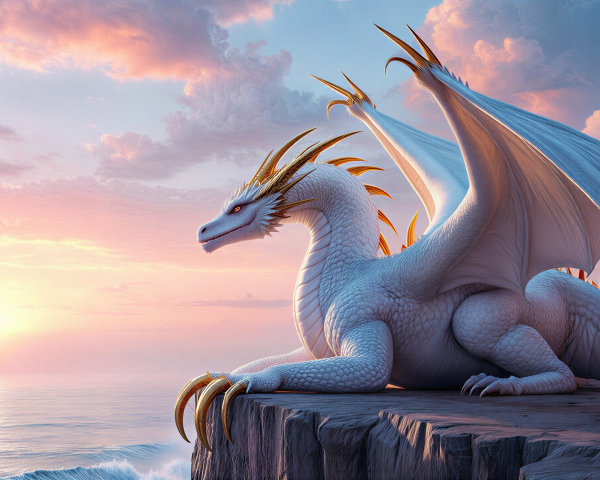 Majestic white dragon on cliff at sunset over ocean