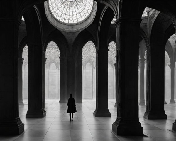 Ethereal Space with Tall Arches and Stained-Glass Ceiling