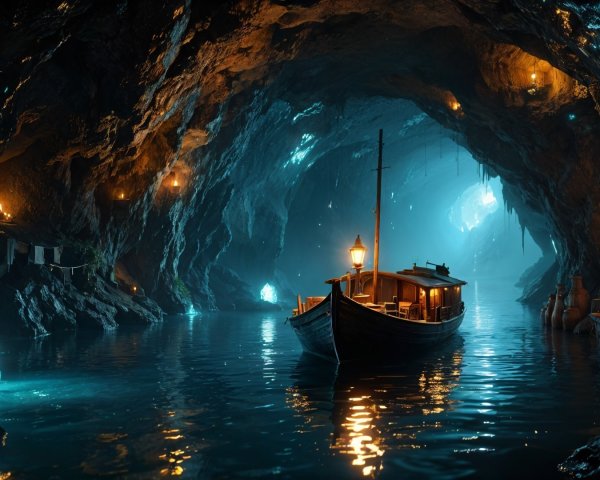 Underground cave with blue crystals and wooden boat