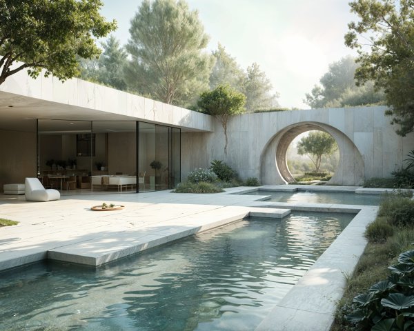 Modern Serene Architectural Space with Courtyard and Stream