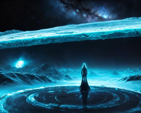 Alien Landscape with Glowing Ice Structure and Mountains