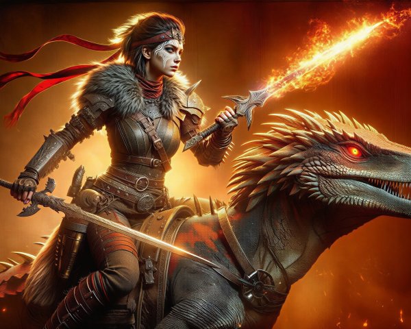 Warrior in Armor atop Reptilian Creature with Sword