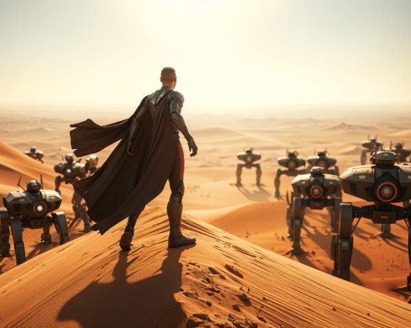 Lone Figure and Robots in Desert Sunset Scene