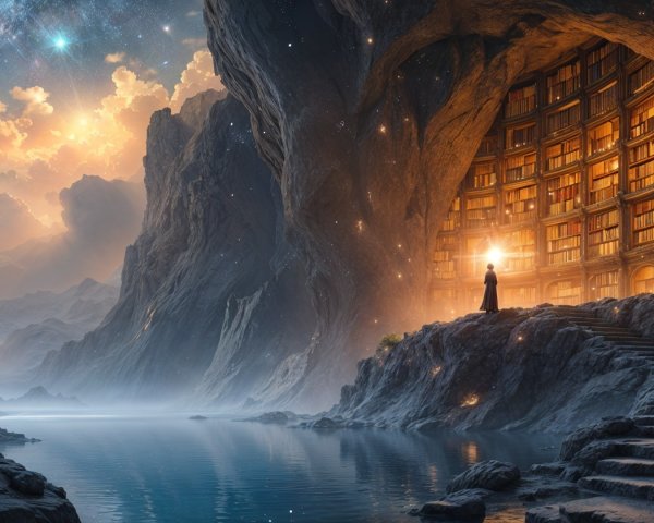 Mystical Landscape with Lake and Grand Library Cave
