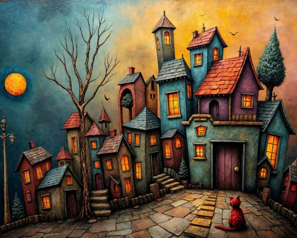 Whimsical Colorful Village with Twilight Atmosphere