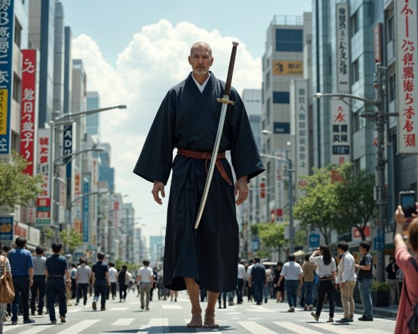 Traditional Japanese Figure in Urban Setting with Katana