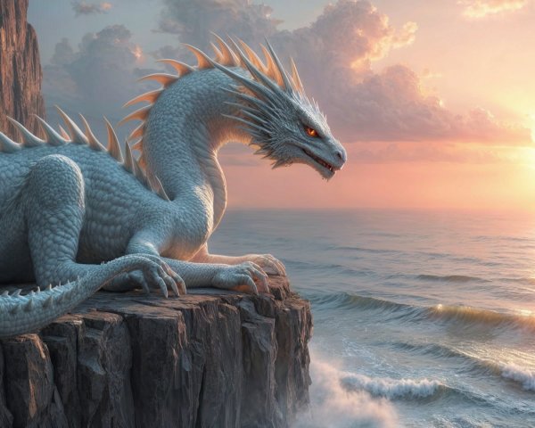 Majestic White Dragon on Cliff Overlooking Sunset Sea