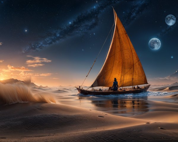 Sailboat in a Surreal Desert Landscape at Twilight