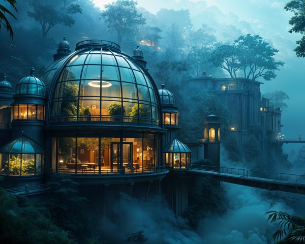 Futuristic Glass Dome House in a Misty Forest