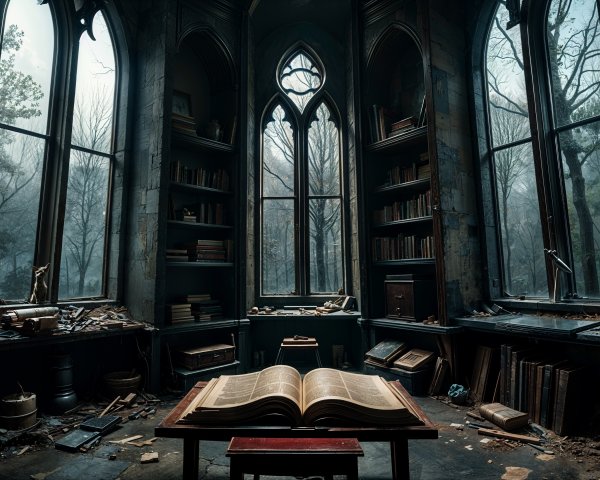 Ancient Room with Dusty Shelves and Open Book