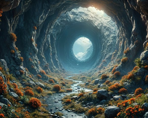 Mystical cave pathway with vibrant flowers and water