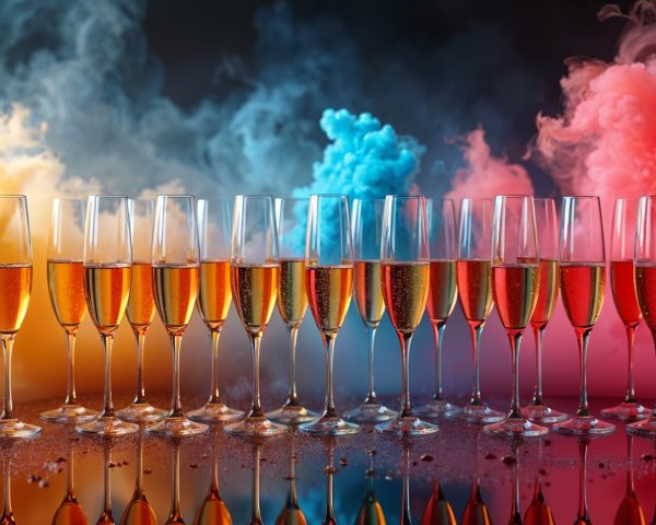 Champagne Flutes with Sparkling Liquid and Colorful Smoke